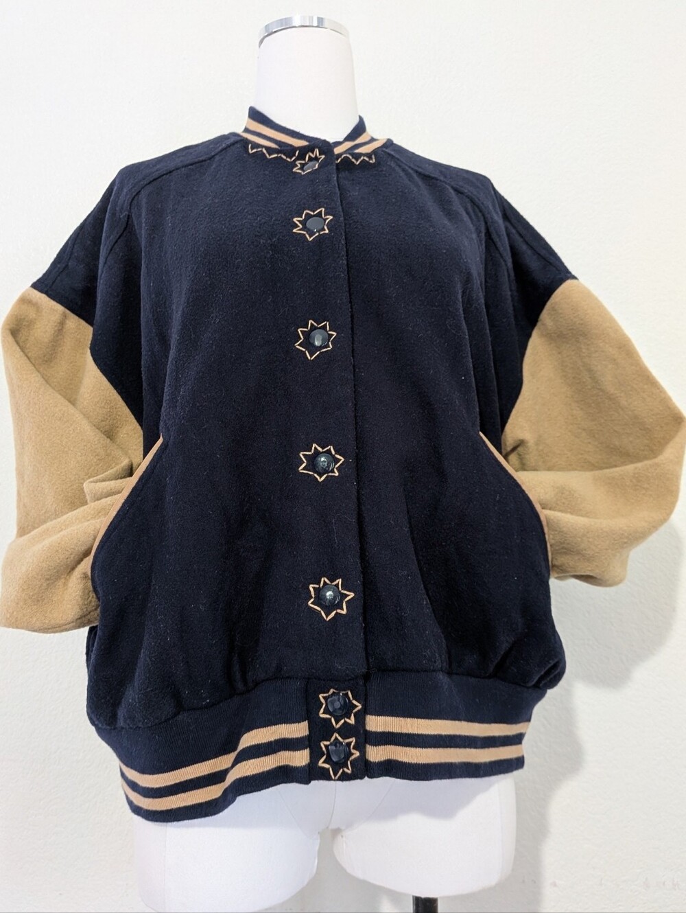 Free People Wool Blend Navy and Tan Varsity Bomber Jacket Sizr Medium